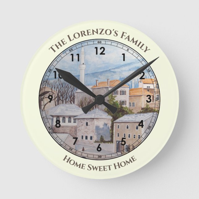 Mostar City Bosnien - Akropolis Runde Wanduhr (Vorderseite)