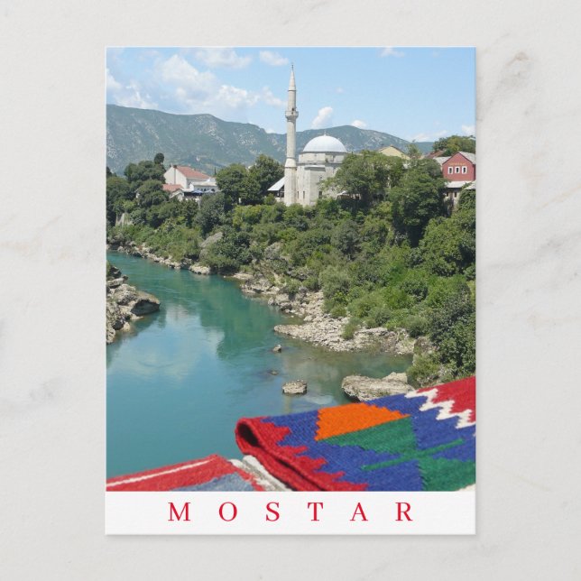 Mostar Fluss und Moschee Aussicht Postkarte (Vorderseite)