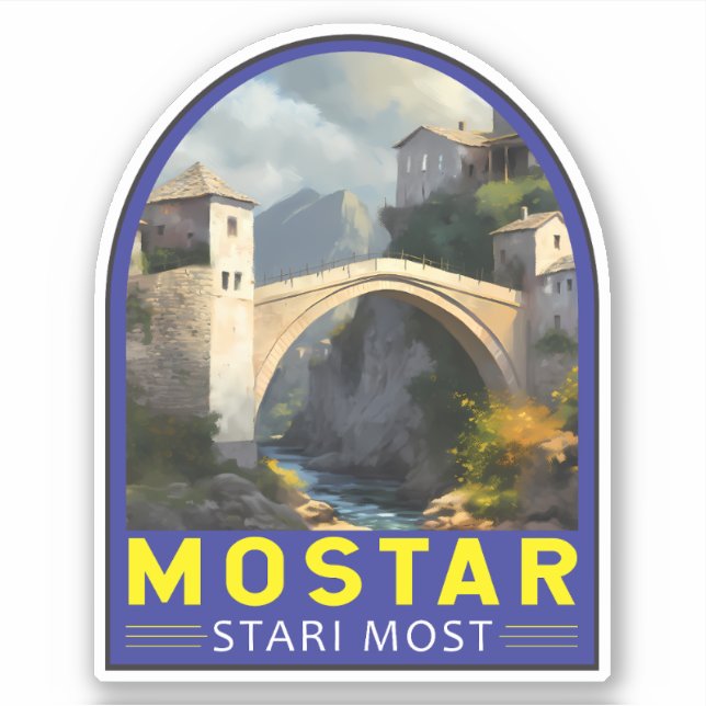 Mostar Stari Most Travel Oil Malerei Art Vintag Aufkleber (Vorderseite)