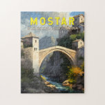 Mostar Stari Most Travel Oil Malerei Art Vintag Puzzle<br><div class="desc">Mostar Reisedesign im Stil der Renaissance-Kunst. Es ist bekannt für die ikonische Stari Most (Alte Brücke),  eine rekonstruierte mittelalterliche Bogenbrücke.</div>