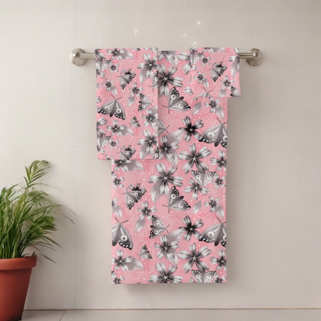 Moth Meadow Pink Badhandtuch Set (Von Creator hochgeladen)