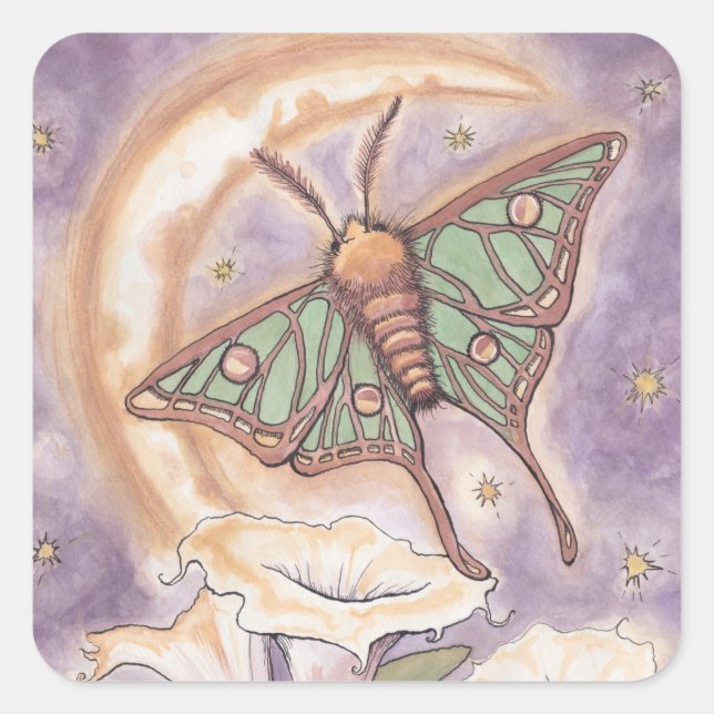 Moth & Moonblumen Quadratischer Aufkleber (Vorderseite)