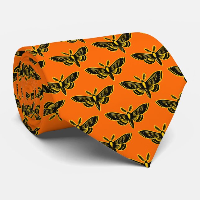 Moth Pattern - Schwarz und Gelb auf Orange Krawatte (Gerollt)