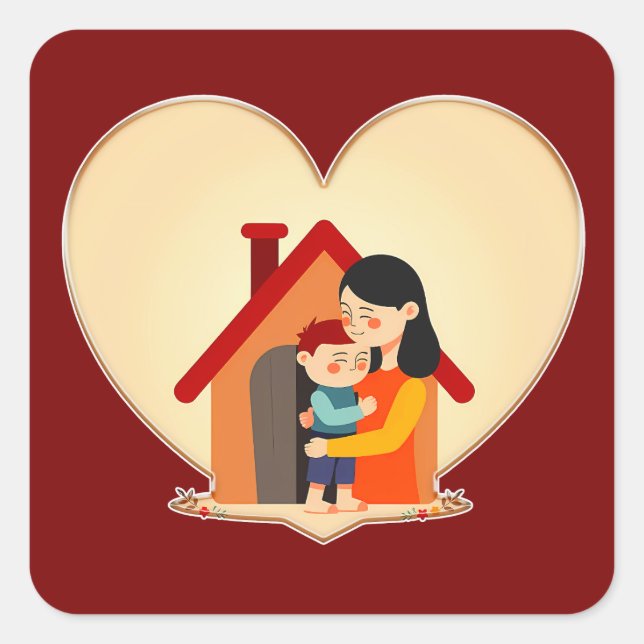 Mother and Child Love Illustration – Warm Family Quadratischer Aufkleber (Vorderseite)