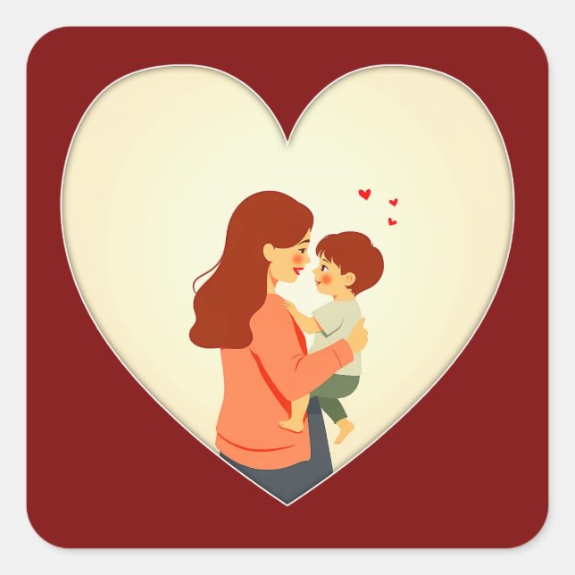 Mother and Child Love Illustration – Warm Family Quadratischer Aufkleber (Vorderseite)