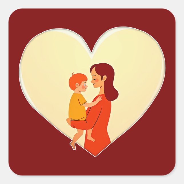 Mother and Child Love Illustration – Warm Family Quadratischer Aufkleber (Vorderseite)