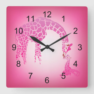 Mother and Cute Baby Giraffe strawberry ice pink Quadratische Wanduhr