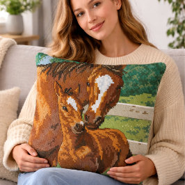 Mother Baby Horse Cross Stitch Style Kissen