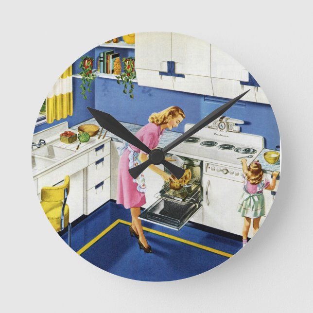 Mother/Daughter Retro Kitchen #2 Runde Wanduhr (Vorderseite)