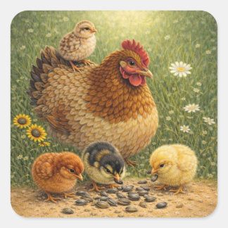 Mother Hen with Chicks Feeding on Sunflower Seeds  Quadratischer Aufkleber
