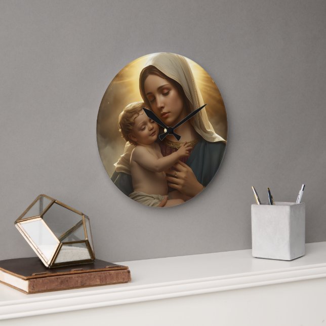 Mother Mary and Baby Jesus Wall Clock Große Wanduhr (Büro)