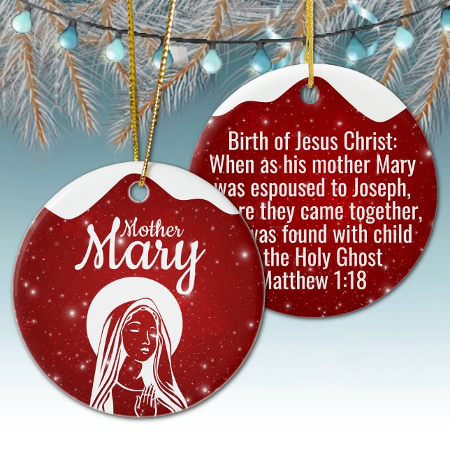 Mother Mary Matthew 1:18 Holy Ghost Passage  ⛪️ 🎄 Keramik Ornament (Customizable Mother Mary, Religious Holiday Ceramic Ornament snow capped red Christmas Ornament ✞)