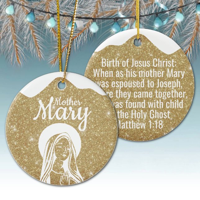 Mother Mary Matthew 1:18 Holy Ghost Passage  ⛪️ 🎄 Keramik Ornament (Customizable Mother Mary, Religious Holiday Ceramic Ornament snow capped gold Christmas Ornament ✞)