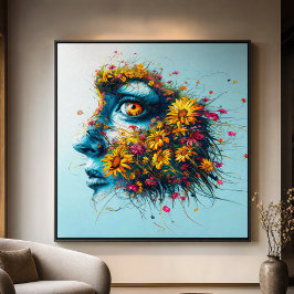 Mother Nature Teal Frauengesicht Bunte Wildblumen Leinwanddruck