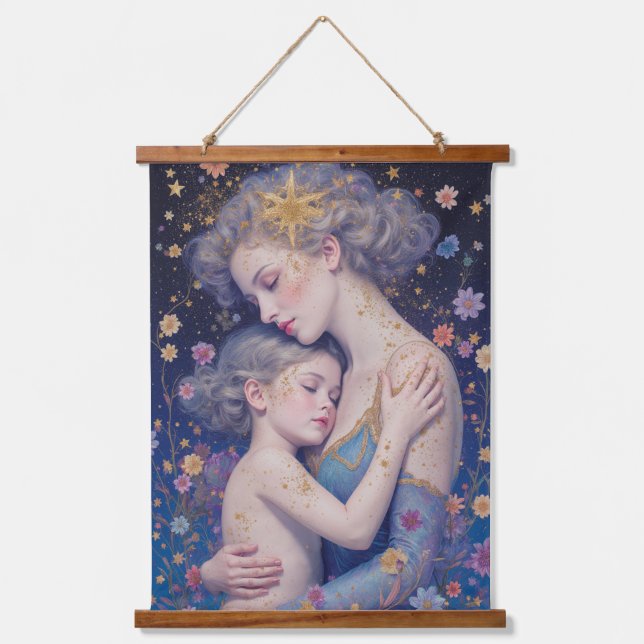 Mother’s Embrace – Emotional Night Sky Tapestry Wandteppich Mit Holzrahmen (Vorderseite)