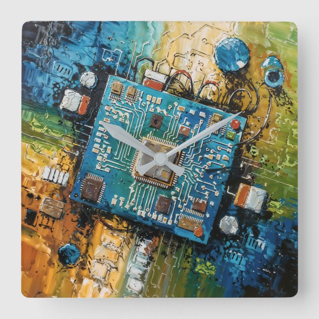 Motherboard - Abstrakte Computer-Tech-Kunst Quadratische Wanduhr (Vorderseite)
