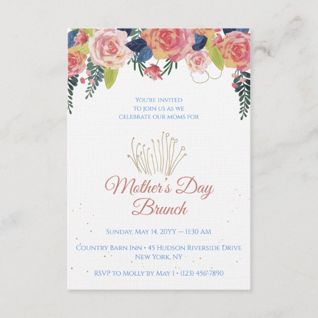 Mother's Day Brunch Floral Navy Blue & Rose Gold Einladung (Vorderseite)