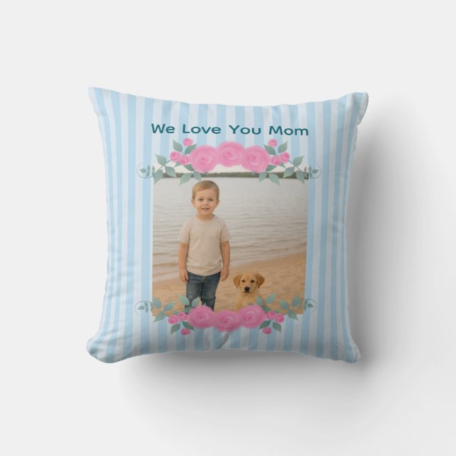 Mother's Day Mom Photo Throw Pillow Roses Blue Kissen (Vorderseite)