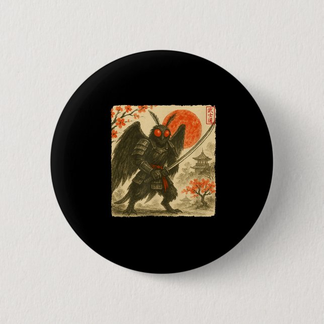 Mothman Samurai Japanese Warrior Costume Sumi-e Ar Button (Vorderseite)