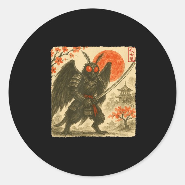 Mothman Samurai Japanese Warrior Costume Sumi-e Ar Runder Aufkleber (Vorderseite)