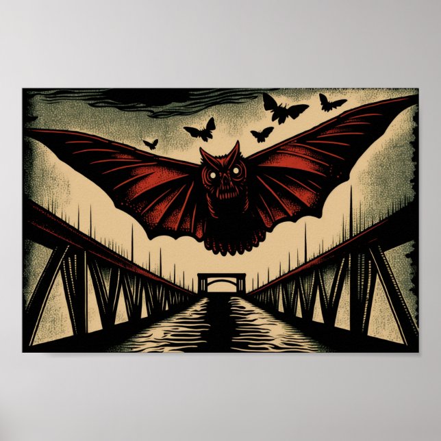 Mothman und Bridge Spooky Holzschnitt Art Print Poster (Vorne)