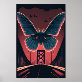 Mothman und Bridge Spooky Holzschnitt Art Print Poster