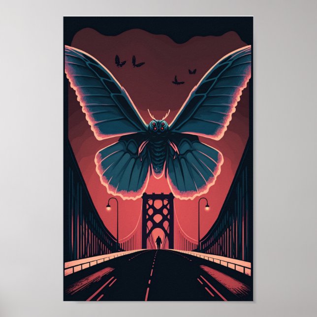 Mothman und Bridge Spooky Holzschnitt Art Print Poster (Vorne)