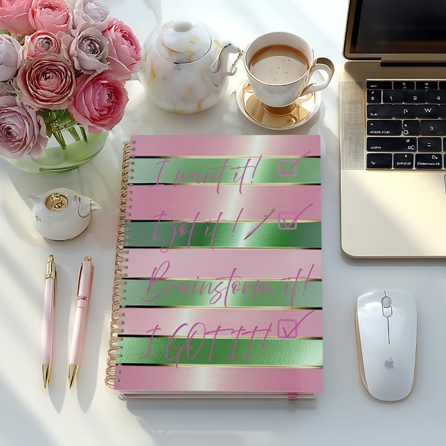 Motivational Luxe Pink and Green Striped  Notizbuch (Stylish Pink and Green Striped Notebook Journal-Glossy Soft Cover Shown also available in Hard Matte)