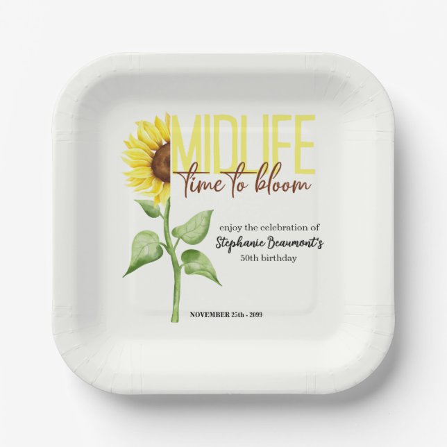 Motivational Midlife Sunflower Bloom 50th Birthday Pappteller (Vorderseite)