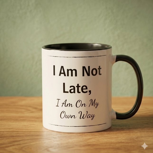 Motivations-Zitat-Kaffeetasse Tasse (Custom text ceramic mug with black handle. The text reads "I am not late, I am on my own way")