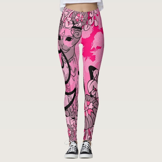 Motive Japanische Katze & Chrysanthemen Leggings (Vorderseite)