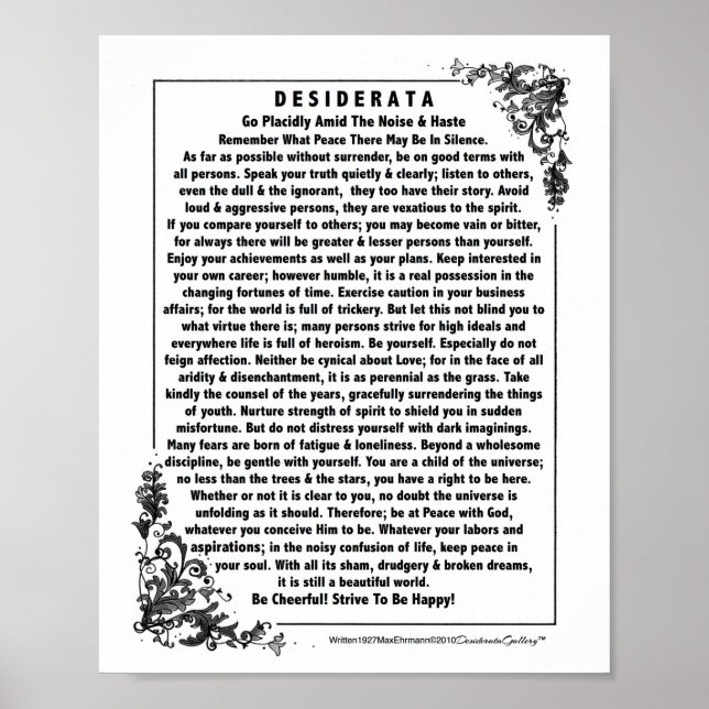 Motivierend Desiderata Gedicht von Max Ehrmann Poster (Vorne)