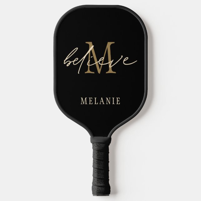 Motivierend Monogramm Anfangsname glauben Schwarz Pickleball Schläger (Vorderseite)