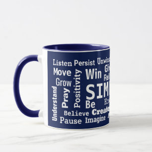 Motivierend Word Cloud über Navy Blue Tasse