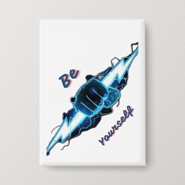Motivierendes "Sei du selbst" blaues Blitz-Faust-D Button (Vorderseite)