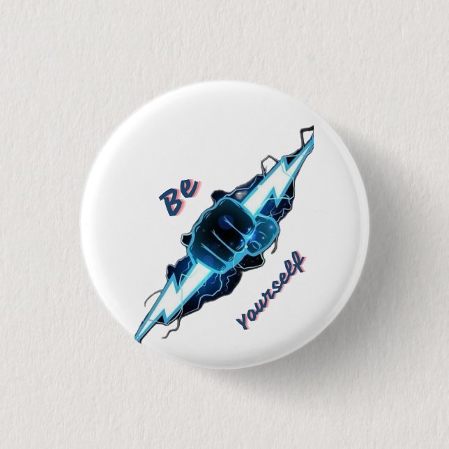 Motivierendes "Sei du selbst" blaues Blitz-Faust-D Button (Vorderseite)