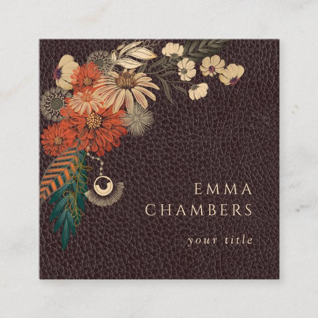 Moto Boho Floral Brown Leather Business Card Quadratische Visitenkarte (Vorderseite)
