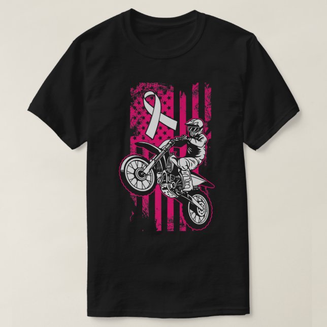 Motocross American Flag Breast Cancer Awareness Pi T-Shirt (Design vorne)