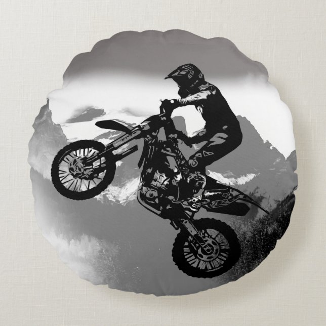 Motocross Biker - Rocky Mountains Rundes Kissen (Vorderseite)