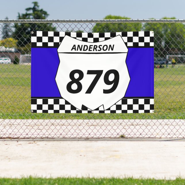Motocross Custom Dirt Bike Number Plate auf blau Banner (InSitu)