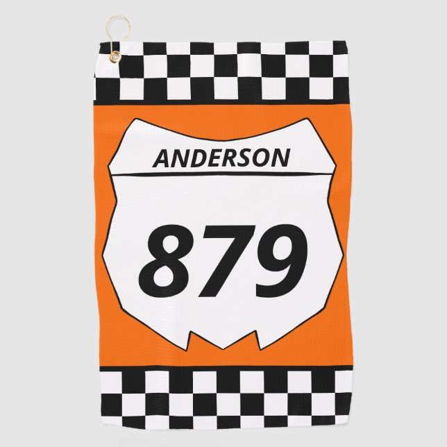 Motocross Custom Dirt Bike Number Plate auf Orange Golfhandtuch (Vorderseite)