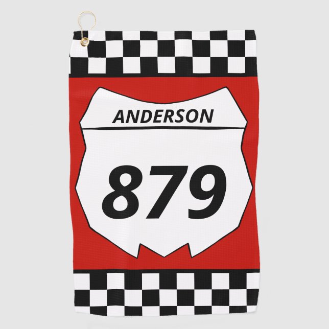 Motocross Custom Dirt Bike Number Plate auf Red Golfhandtuch (Vorderseite)