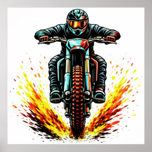 Motocross Dirt Bike Fahrer Mit Feurigem Trail Extr Poster