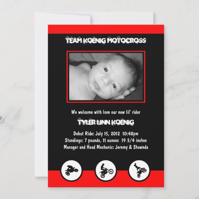 Motocross Dirt Bike Geburtsankündigung (rot/schwar Ankündigung (Vorderseite)