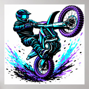 Motocross-Fahrer macht Wheelie in lebendiger Beweg Poster