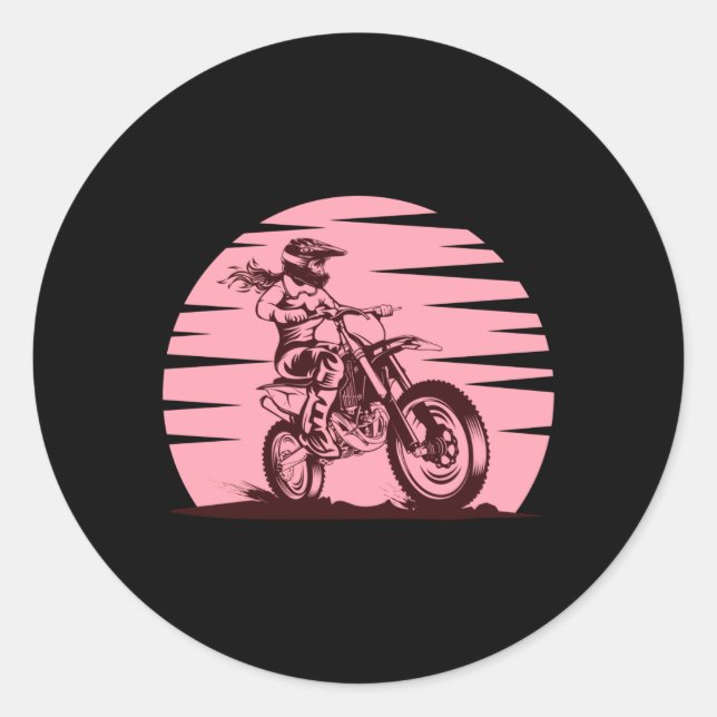 Motocross Girl Retro Vintag rosa Runder Aufkleber (Vorderseite)