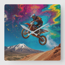 Motocross Racer auf der Bergbahn Quadratische Wanduhr