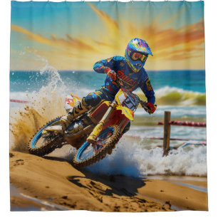 Motocross-Rennfahrer beim Strandrennen Duschvorhang