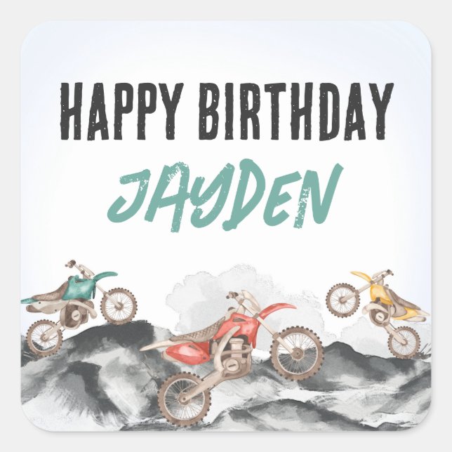 Motor Dirt Bike Fast 1 1. Geburtstag Party Quadratischer Aufkleber (Vorderseite)
