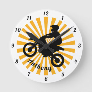 Motorcross Extreme Sport Orange Sunburst Dated Runde Wanduhr
